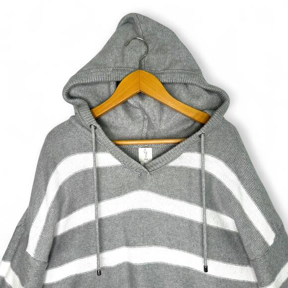 Joie Women's Striped V Neck Hooded Sweater Size L Gray White Stripe Draw Sting - Picture 3 of 8